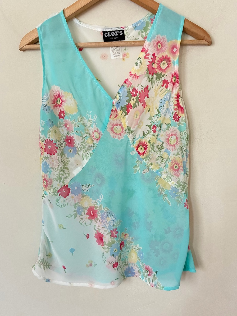 Cloz's NY Y2K  Floral V-Neck Sleeveless Blouse Aqua Blue Coquette M